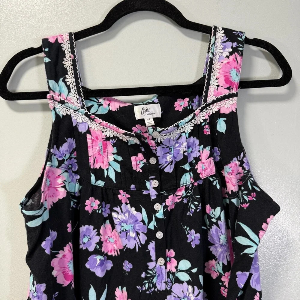 Aria Black and Pink Floral Sleeveless Cotton Nightgown Size Medium‎